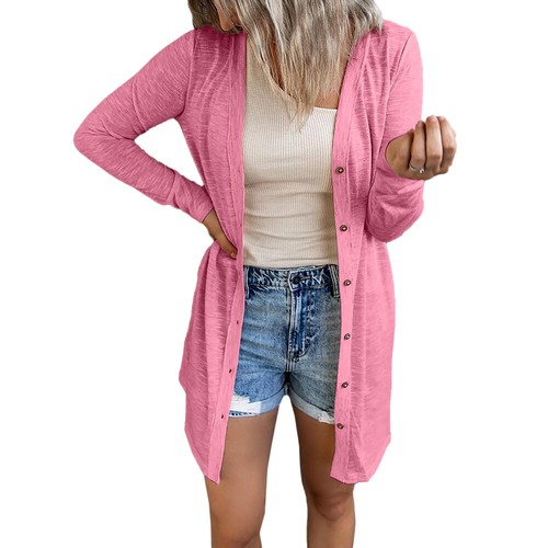 Women's Long Sleeve Solid Cardigan Tops Ladies Casual Button Blouse T Shirt Tee - Picture 18 of 28