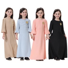 Kids Girls Muslim Dress Long Sleeve Holiday Abaya Child Kaftan Arab Robe Clothes
