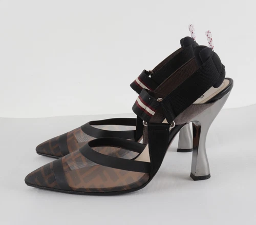 FENDI FF Zucca Colibri EU41 US10 Multicolor Mesh Slingback Brown Black Heels