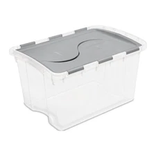 48 Quart Hinged Lid Storage Box, Clear Plastic Storage Bin with FlipLid, Gray