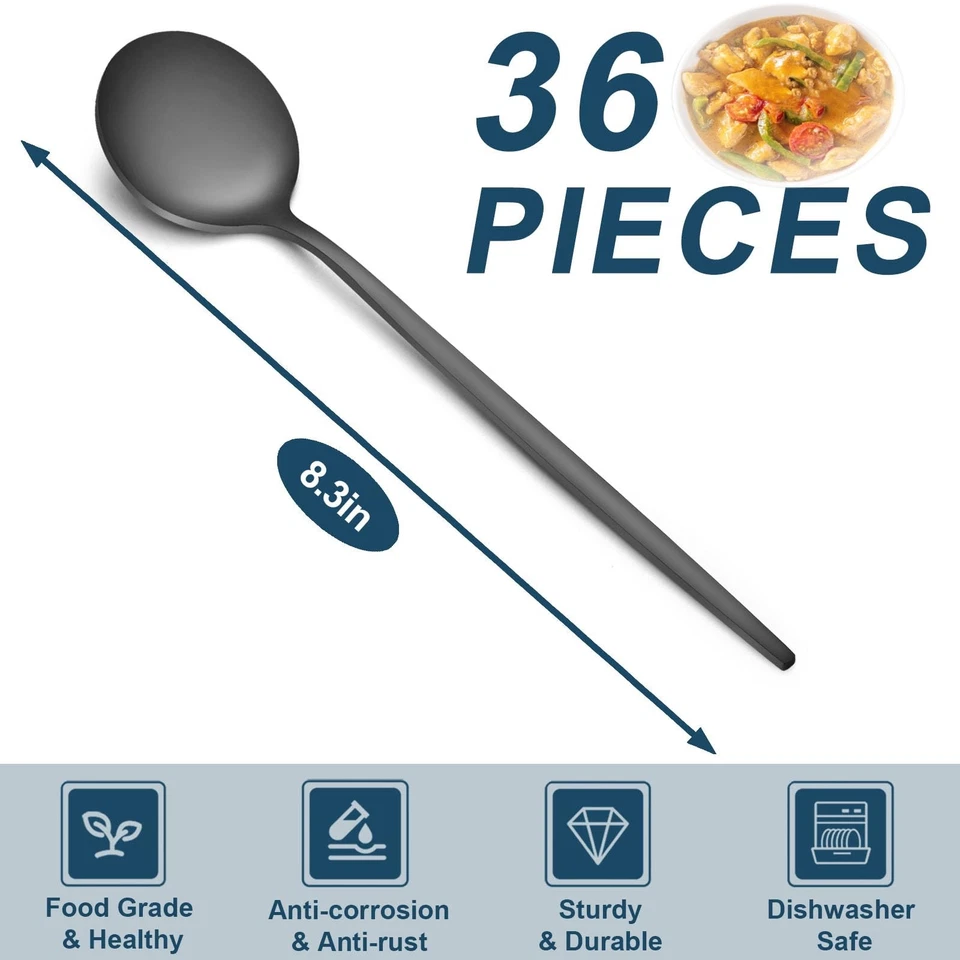 36-Pcs Matte Black Dinner Spoons, 8.3 inch Round Head Spoons, Stainless Steel... - Image 2 of 4