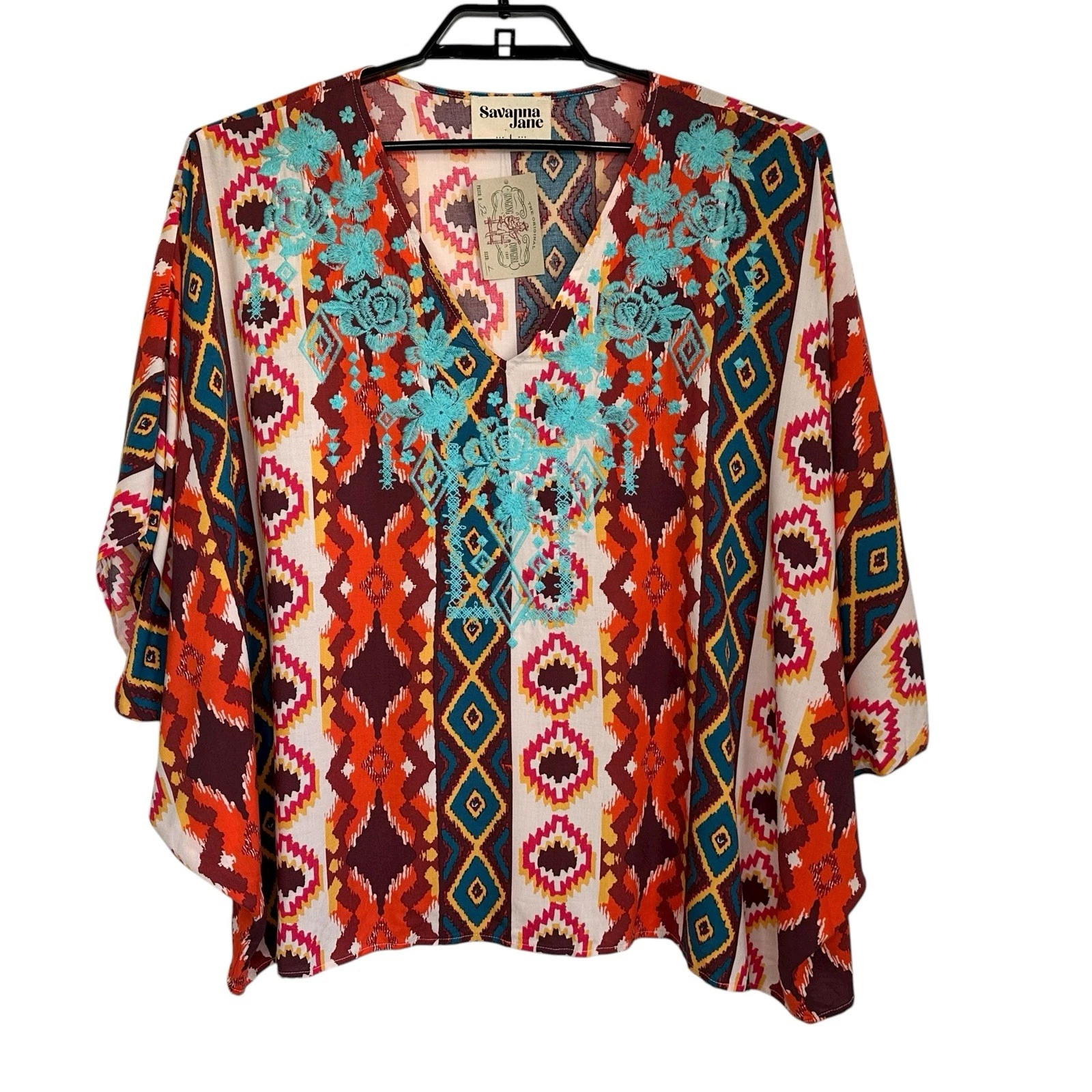 Savanna Jane Womens Embroidered Poncho Top Sz Large Multicolor Aztec Print NEW