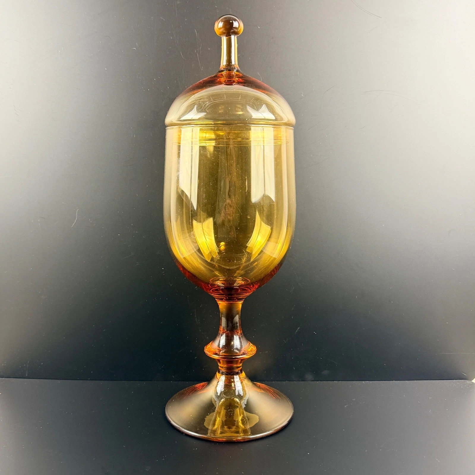 VTG Large Empoli Amber Glass Pedestal Apothecary Jar Lidded Urn MCM Italy 16.5"