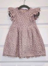 2 Bunnies Girls Mauve Lace Pom-Pom Trim Dress Flutter Sleeves and Hem Size 2T
