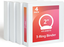 2 Inch 3 Ring Binders, White, 4 Pack, Round Ring Binder, Holds 475 Sheets, PVC F