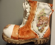 Zimba Ware Pottery Boot Shaped Planter Novelty Ceramic Vase Thatch Cottage scene