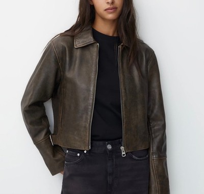 PULL & BEAR DISTRESSED BROWN LEATHER JACKET~ NWT SIZE LARGE    