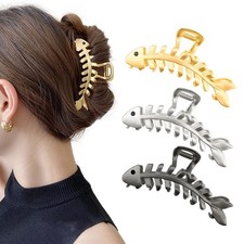 3 PACK Large Metal Hair Claw Clips Fish Bone Shape 1 Count Pack of 3 , Gold