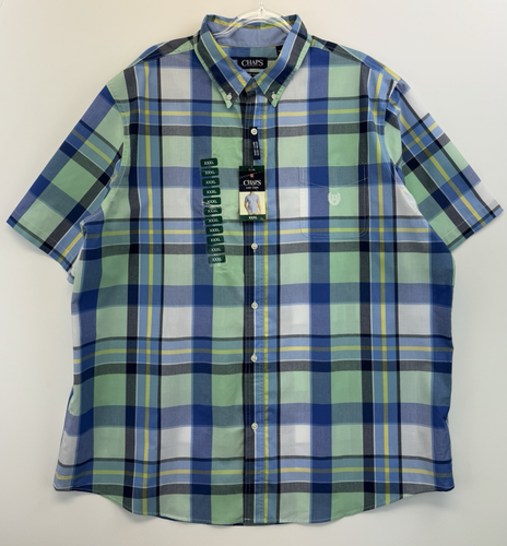 NWT Chaps Shirt Easy Care Short Sleeve Button Down Blue Green Plaid Men's 3XL