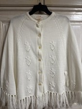 VTG 70's White Hand Knit Boho Poncho CapeSweater Button Arm Holes Fringe Sz Med
