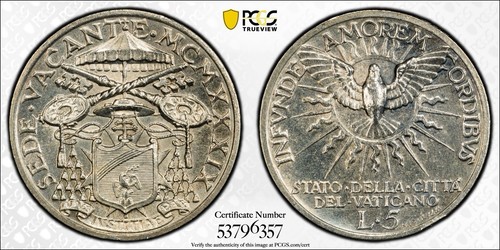 1939 Vatican Silver 5 Lire Sede Vacante PCGS UNC-Details - LOW MINTAGE!
