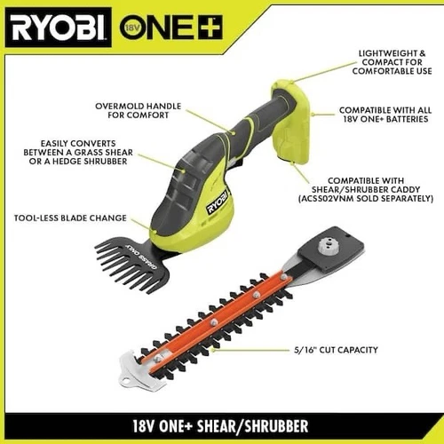 New Ryobi P2908BTL ONE+ 18V Cordless Grass Shear and Shrubber Trimmer Tool Only