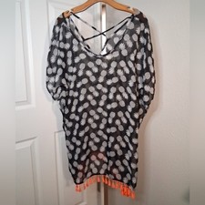 No Boundaries Sheer Swim Cover Pineapple Print With Orange Fringe Large