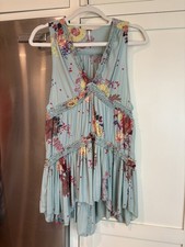 New Free People Sz XS Blue Floral V-Neck Sleeveless Mini Dress Tiered Ruffle
