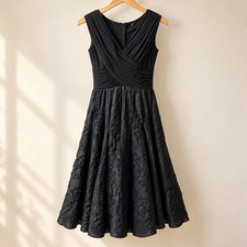 Adrianna Papell Black Ruched V Neck Floral Embroidered Fit Flare Cocktail Dress