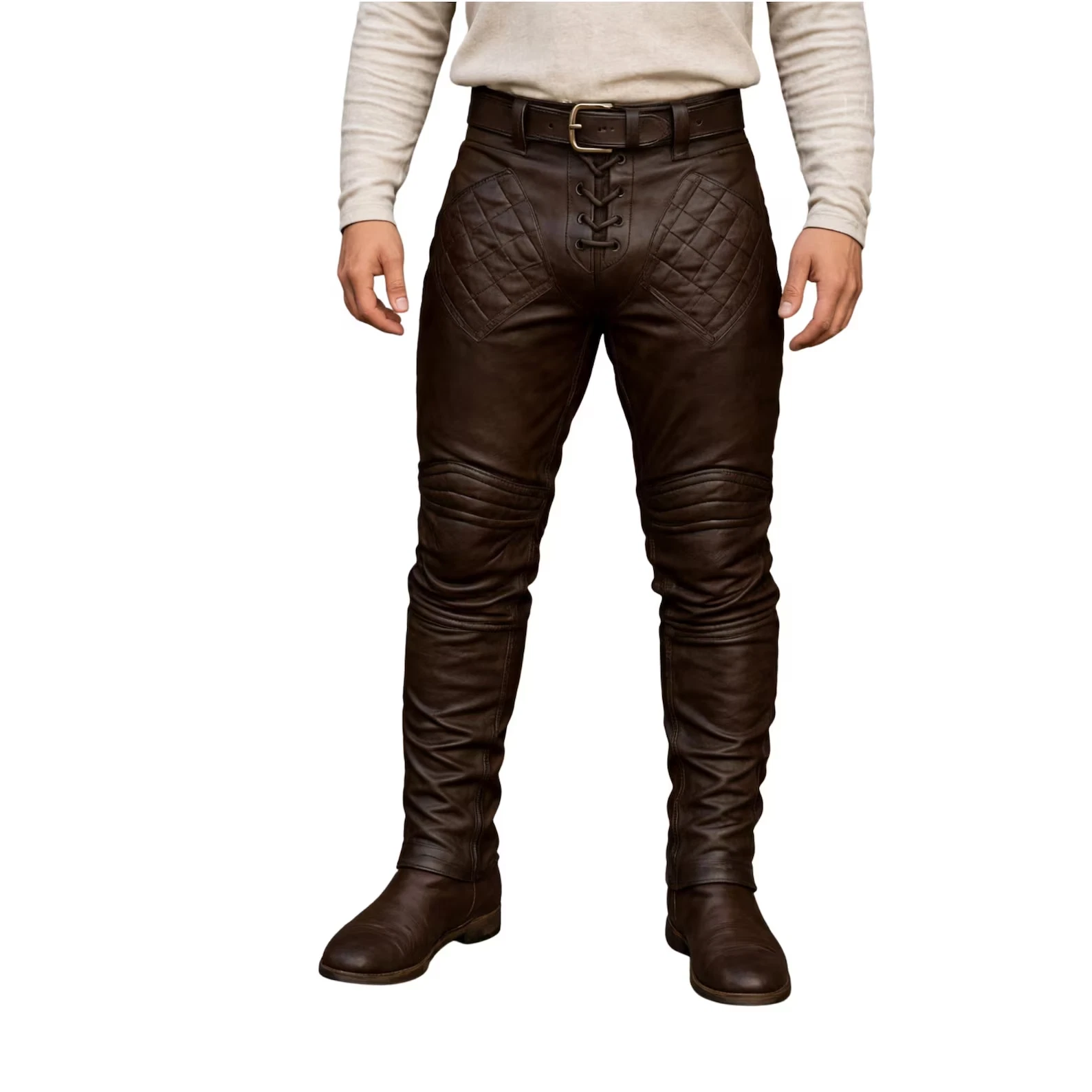 Premium Men’s Brown Genuine Handmade Leather Pants | Medieval Lace-Up Pant