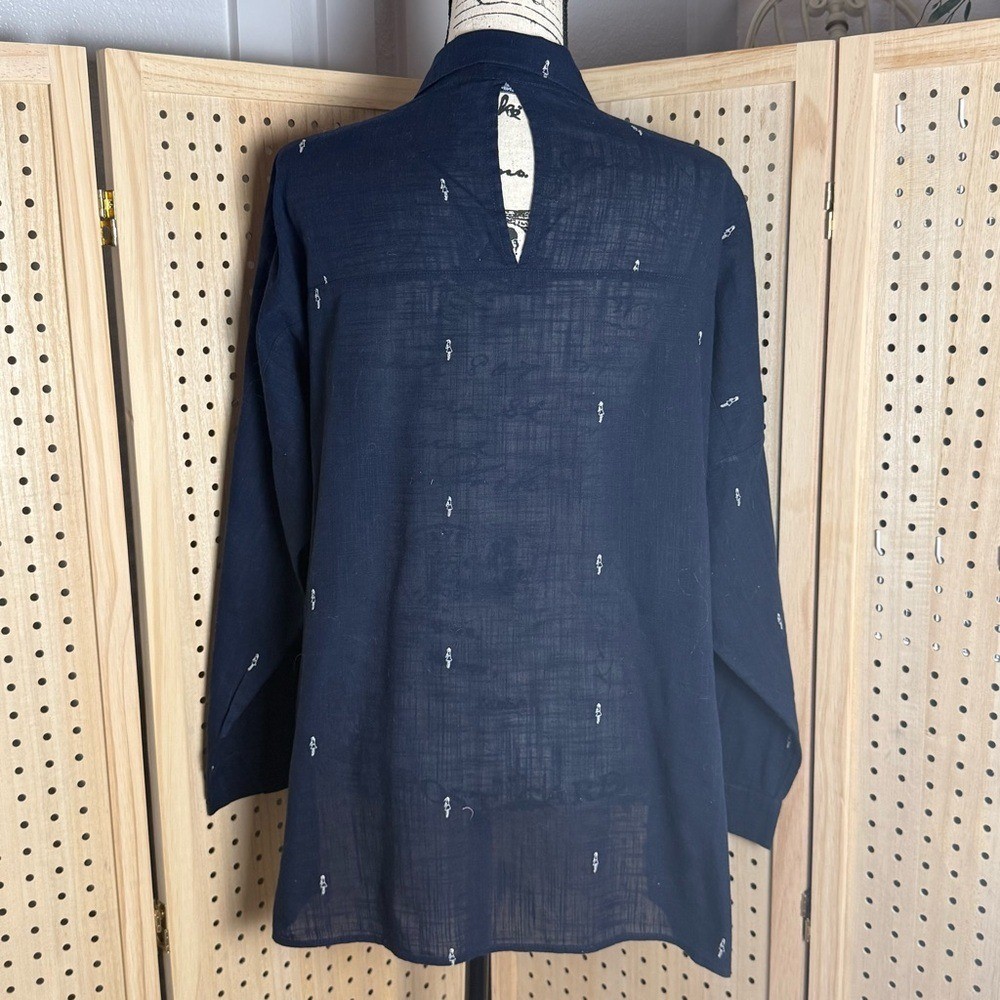 ZARA Basic Navy Embroidered Button Down Shirt Lon… - image 4