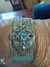 Multi Gem Artisan Sterling Silver Cuff Bracelet 925 4.76ctw
