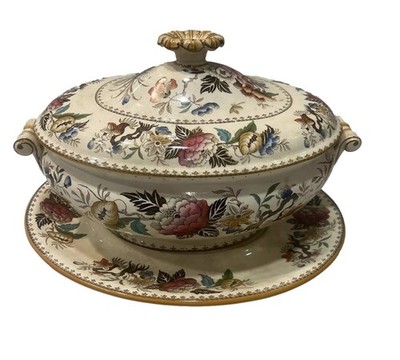 Bullfinch Polychrome Tureen with Underplate Signed Wedgwood Antique