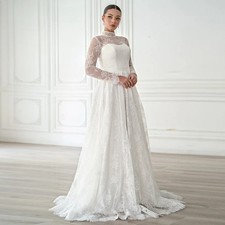 High Neck White A-Line Wedding Dress Full Lace Illusion Sleeves Floor Length