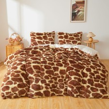 Fluffy Faux Fur Giraffe Print Duvet Cover Set, 1 Plush Fuzzy Soft Giraffe Com...