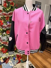 Hello Kitty x Forever 21 Pink Varsity Jacket Snap Closure Embroidered Women L