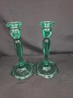 Vintage Fenton Green   Glass Candlestick Holders Hexagonal Base