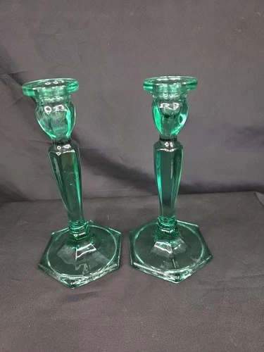 Vintage Fenton Green   Glass Candlestick Holders Hexagonal Base