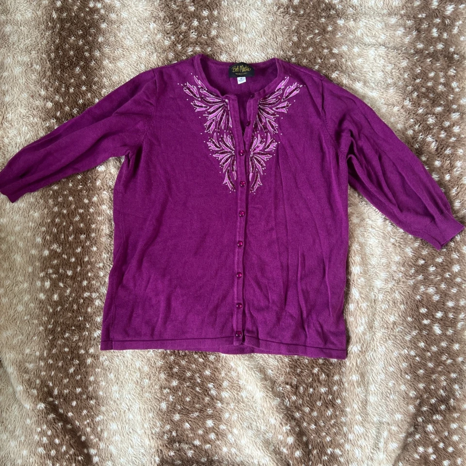 Bob Mackie Usable Arte Púrpura Bordado Lentejuelas Cárdigan Suéter, Talla M. Foto 2 de 4