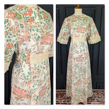 Vintage 70's Cottage Prairie Dress Cotton Maxi Dress with Lace Size Small Medium