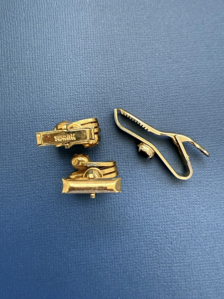 Винтажный Swank золотистый запонки и галстук застежка комплект с янтарными камнями - середины века - Изображение 4 из 4