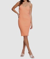 Guess Women's Orange Gina Ribbed V-Neck Sleeveless Ring Bodycon Dress Size S
