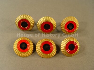 E, Six (6) Cockades, Black/Red/Gold, Non-Ferrous Metal, Center Felt/Fabric