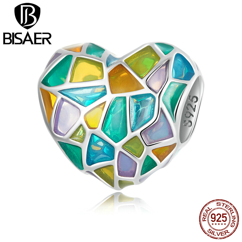 Bisaer Authentic 925 Sterling Silver Colorful love window CZ Charm Fit Bracelet