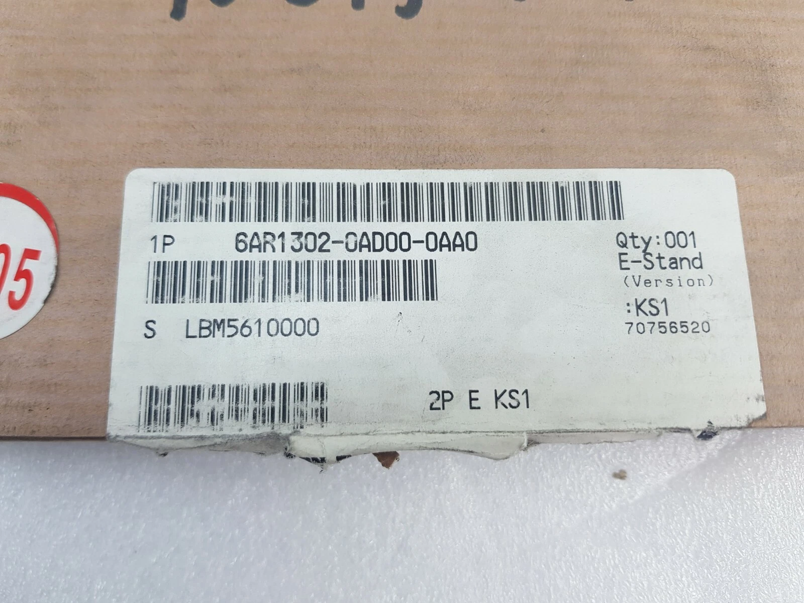 Siemens box label: 1P 6AR1302-0AD00-0AA0, Qty 001, E-Stand KS1