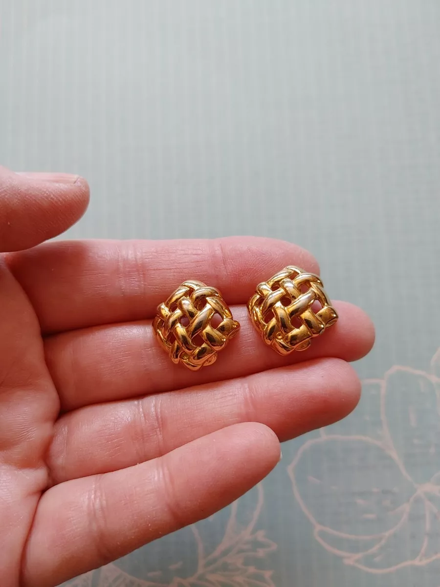 Vintage earrings gold tone metal basket weave woven
