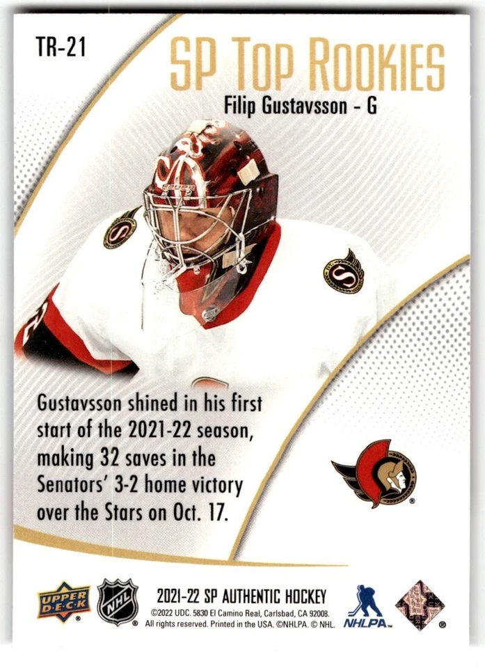 2021-22 SP Authentic Top Rookies Filip Gustavsson Rookie #TR-21 - Image 2 of 2