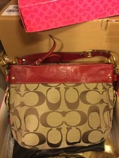 NEW with tags, Coach signature khaki with RED leather Zoe purse + packaging