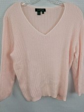 Lauren Ralph Lauren Pink Cotton V-Neck Cable Knit Sweater 3/4 Sleeve Size Large