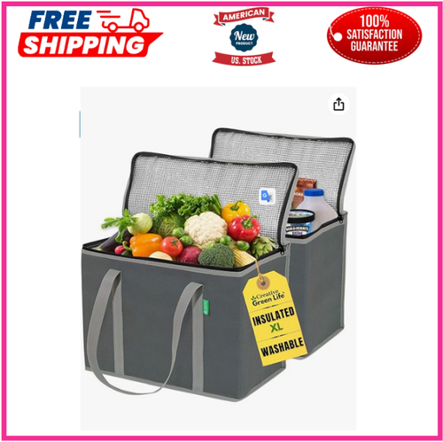 XL Insulated Reusable Grocery Bags (2-Pack) - Premium Quality Cooler Bags with H