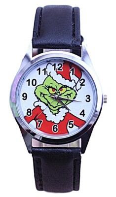Grinch Christmas Villain Character Black Leather Band Wrist Watch