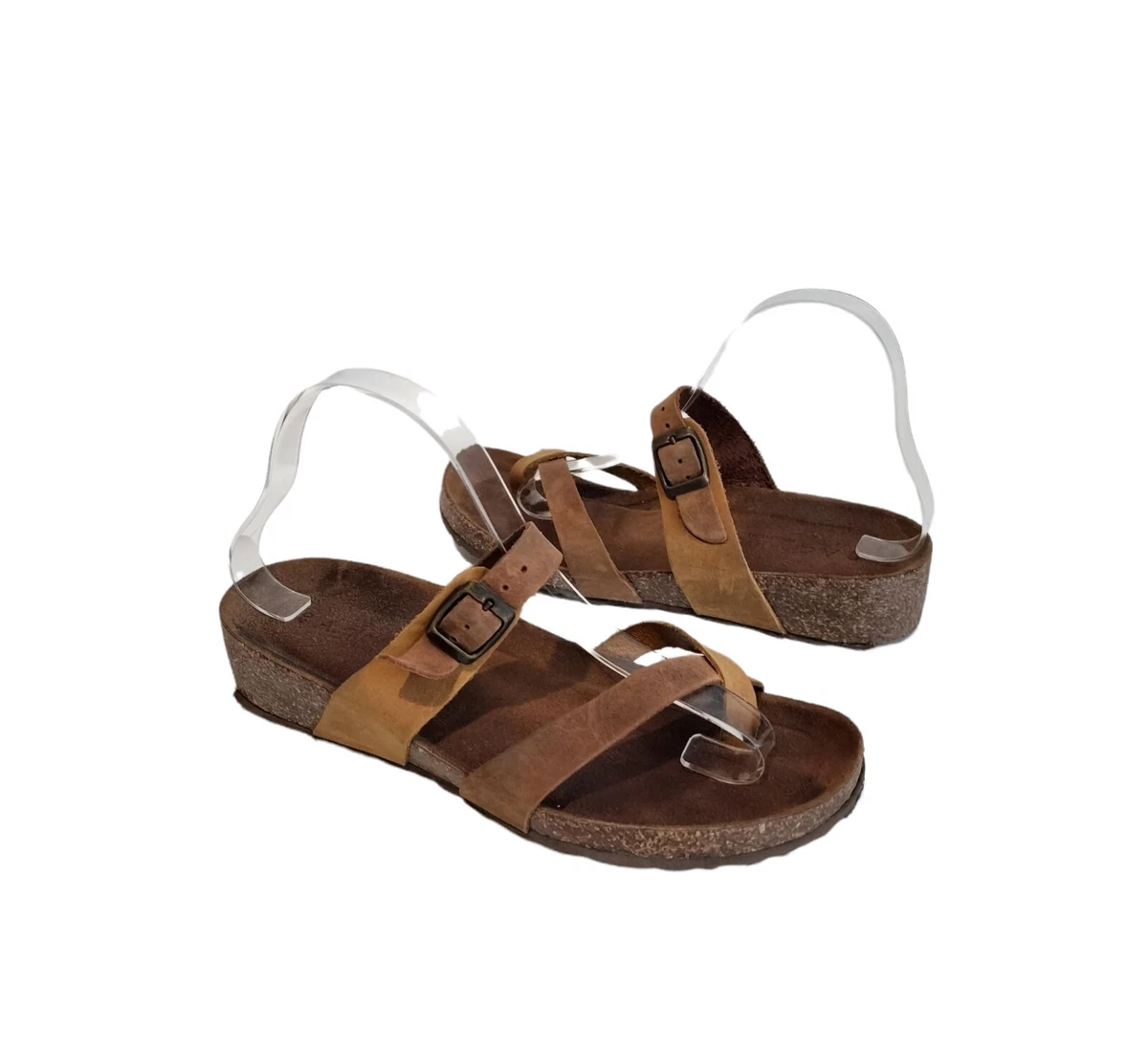 A. Giannetti Buckle Two Tone Tan Big Toe Cork Platform Wedge Sandals 9 40