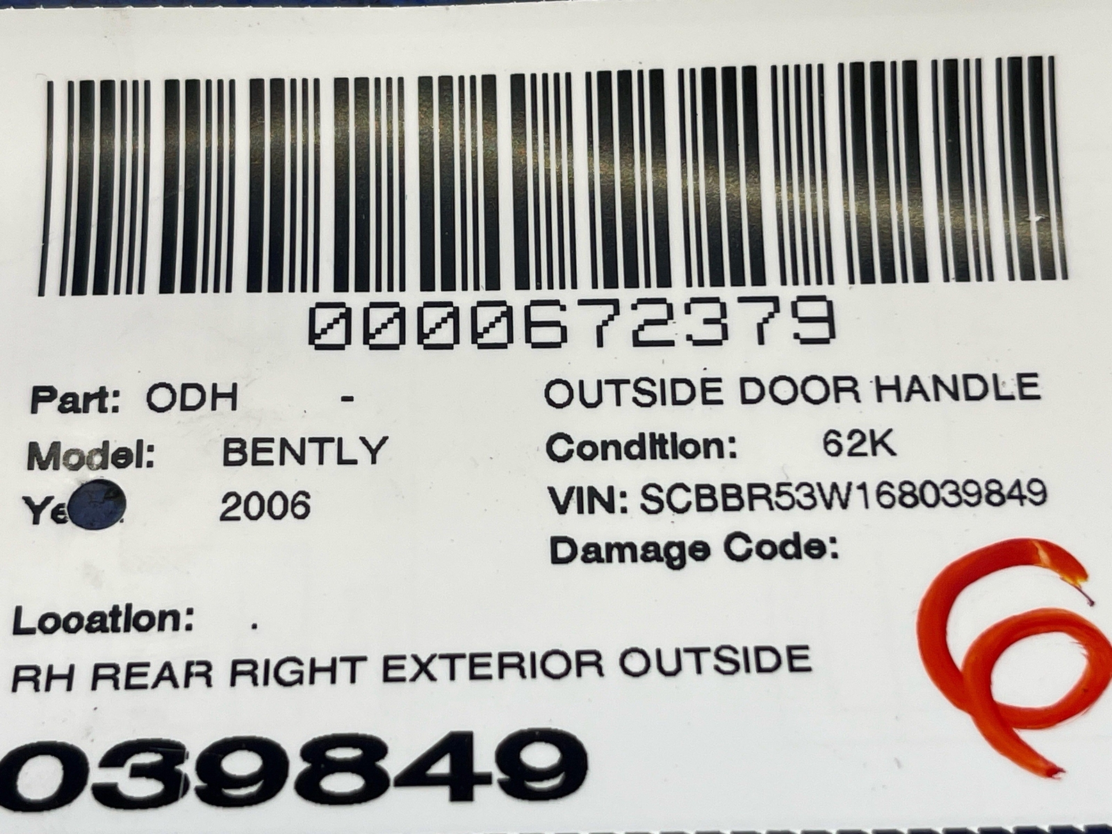 2006-2012 BENTLEY CONTINENTAL FLYING SPUR REAR RIGHT EXTERIOR DOOR HANDLE (LR5W)