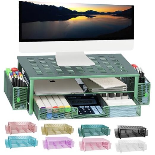Monitor Stand with Drawer and Pen Holder, Green Desk Accessories, 2-Tier-image