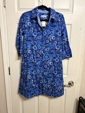 Perlavera XS Dress Blue Pattern Button Up Collar Cotton Preppy Comfort Chic