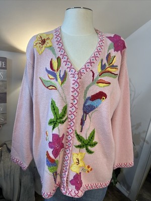 Storybook Knits Embroidered & Embellished  Parrot Pink Cardigan NWT Women s 1X