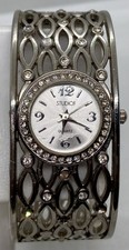 STUDIO TIME LADIES Watch NEW Battery SILVER WIDE Gemmed Hinged Cuff 6.5  Wrists