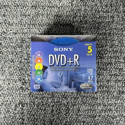 5 Pack SONY DVD+R 120 min. 4.7 GB Color Collection Blank Recordable DVD NEW