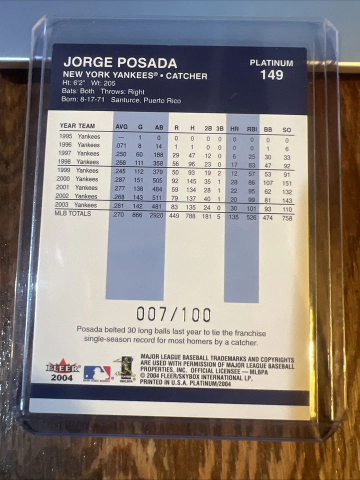 Jorge Posada 2004 Fleer Platinum Finish Parallel #149 New York Yankees /100 - Image 4 of 4