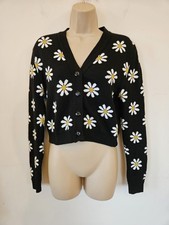 Run & Fly Daisy Flowers Long Sleeve Cardigan UK 10 Button Black Knit Crop Jumper